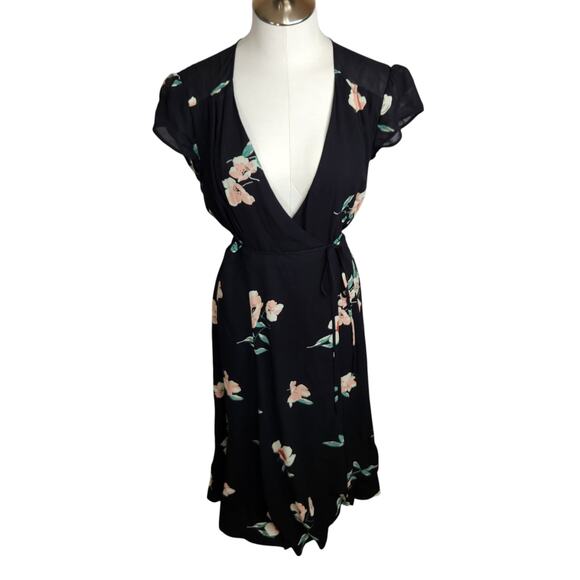 Reformation Carina Wrap Dress Womens Size Medium Black Floral Print Crepe Midi - Picture 2 of 10